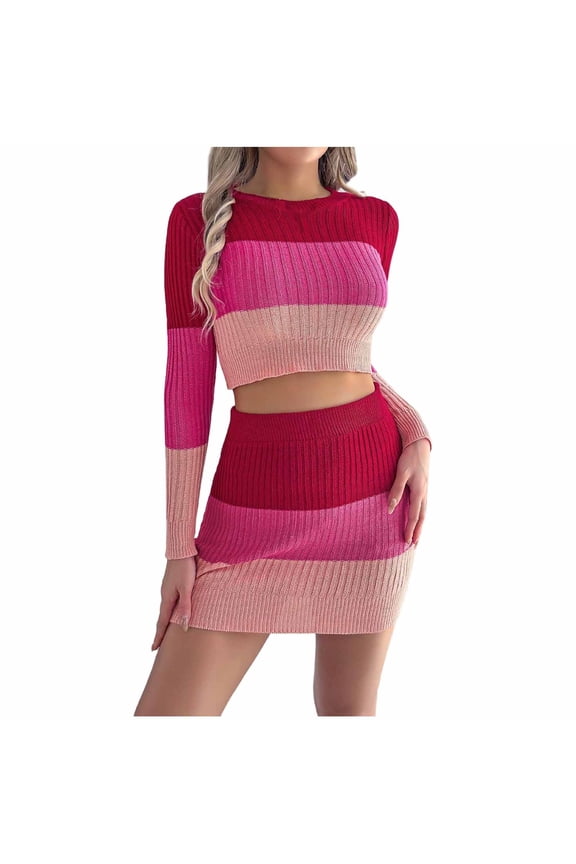 MOJOGO 2 Piece Set for Women Casual Pullover Sweater Tops Bodycon Mini Skirt Spring Fall Striped Two Piece Set Pink S