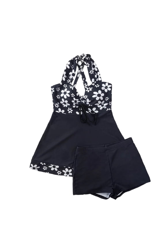 MOJOGO 2 Piece Tankini Set for Women Halter Tie Neck Top & Shorts Quick-Dry Printed Swimwear Beach Vacation Water Sports Outfits XL