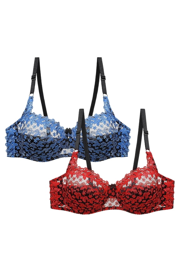 MOJOGO 2PC Plus Size Bra for Women Embroidery Plunge V Neck Underwire Push Up Side Smoothing Bralette with Adjustable Straps 5XL