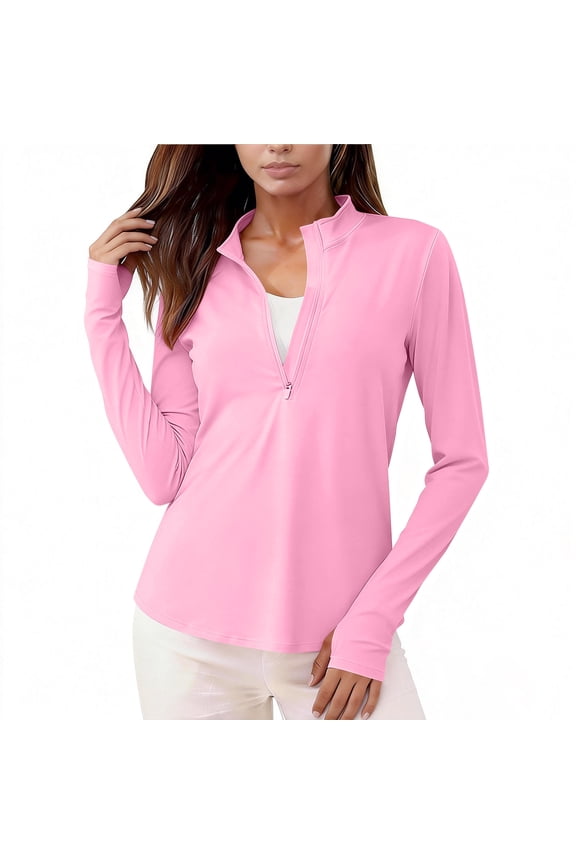 MOJOGO Athletic Shirts for Women Quarter Zip Stand Collar Tops Rash Guard Sun Protection Shirt for Hiking Golf Workout M