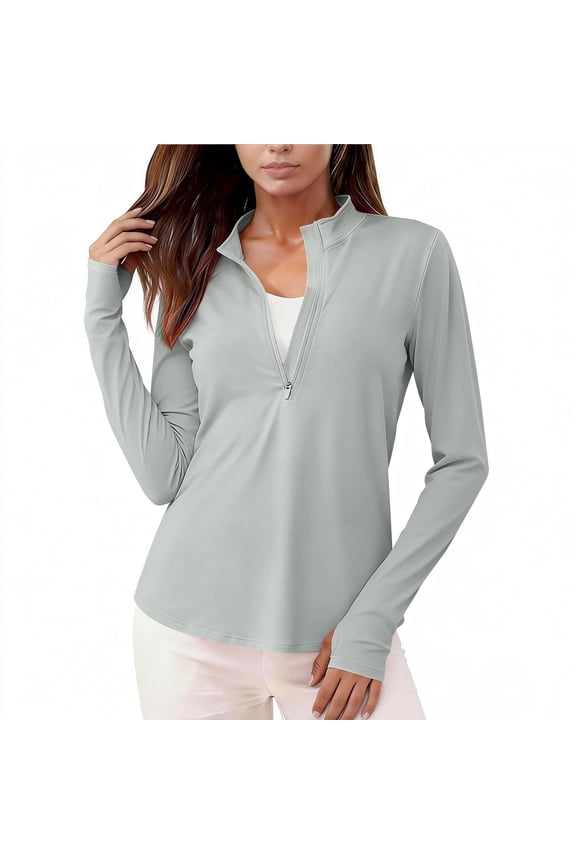 MOJOGO Athletic Shirts for Women Quarter Zip Stand Collar Tops Rash Guard Sun Protection Shirt for Hiking Golf Workout M