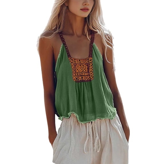 MOJOGO Basic Boho Camisoles for Women Embroidered Tank Tops wit Frayed Hem Casual Linen Tops for Resort Vacation Green XL