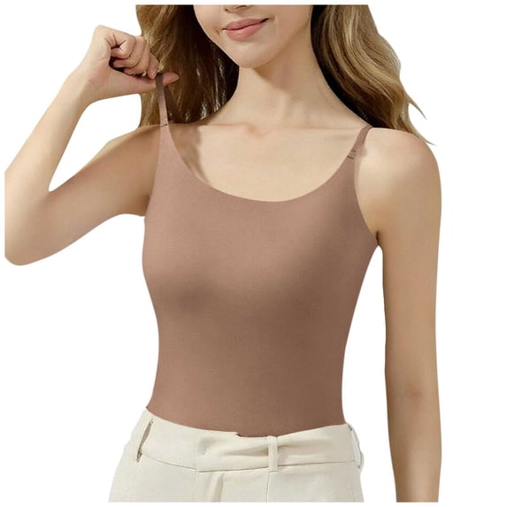 MOJOGO Basic Undershirt for Women Summer Seamless Camisole Layerlook Tank Top with Built-in Bra Coffee S