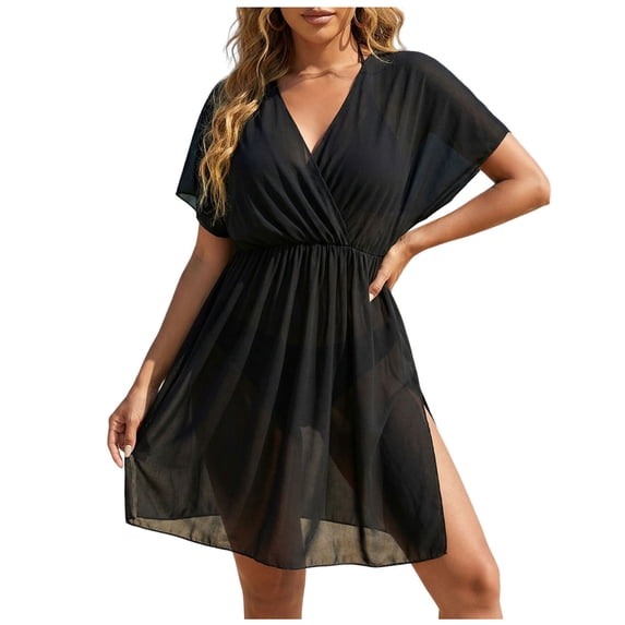 MOJOGO Beach Cover Up for Women Lightweight Chiffon Coverups V Neck Coverup Dress Side Slit Summer Pool Outfit Black Free Size