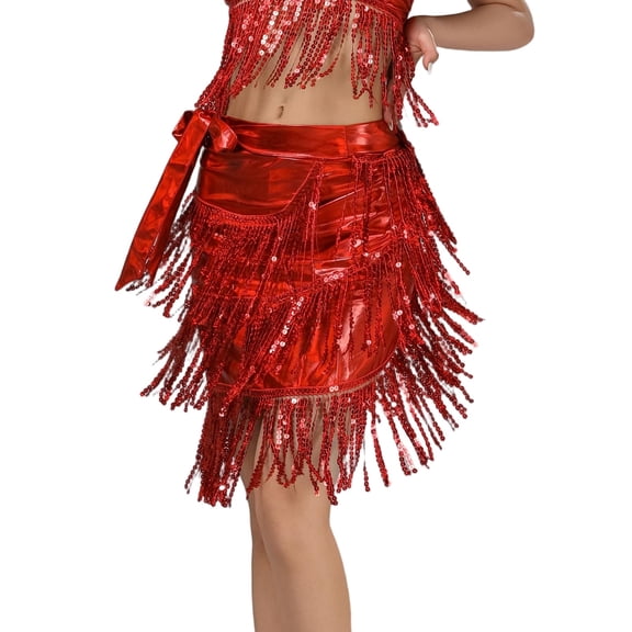 MOJOGO Belly Dance Skirt for Women Sparkly Hip Skirt Dance Performance Decor Carnival Holiday Wear Skirts with Sequin Tassel Red Free Size