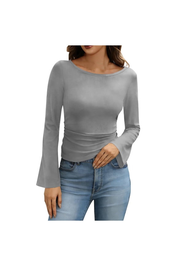 MOJOGO Boat Neck Pullover Tops for Women Soft Long Flare Bell Sleeve Tees Trendy Basic Tops for Spring Fall Gray 2XL