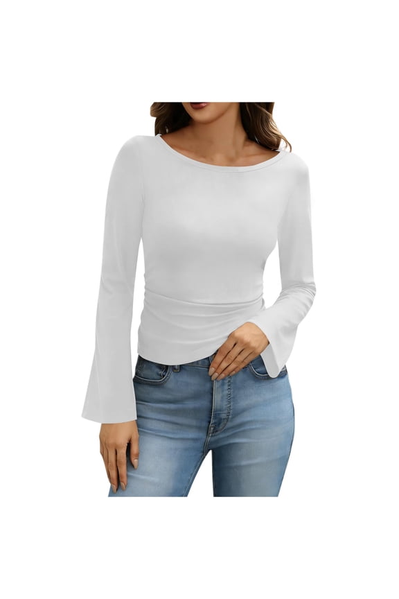 MOJOGO Boat Neck Pullover Tops for Women Soft Long Flare Bell Sleeve Tees Trendy Basic Tops for Spring Fall White S