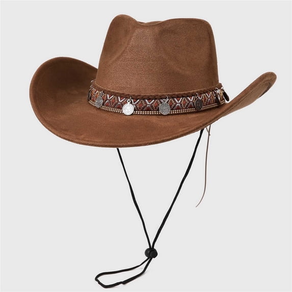 MOJOGO Boho Cowboy Hat for Men and Women Suede Wide Brim Sun Hat Vintage Fedora Hats for Vacation Daily Brown M