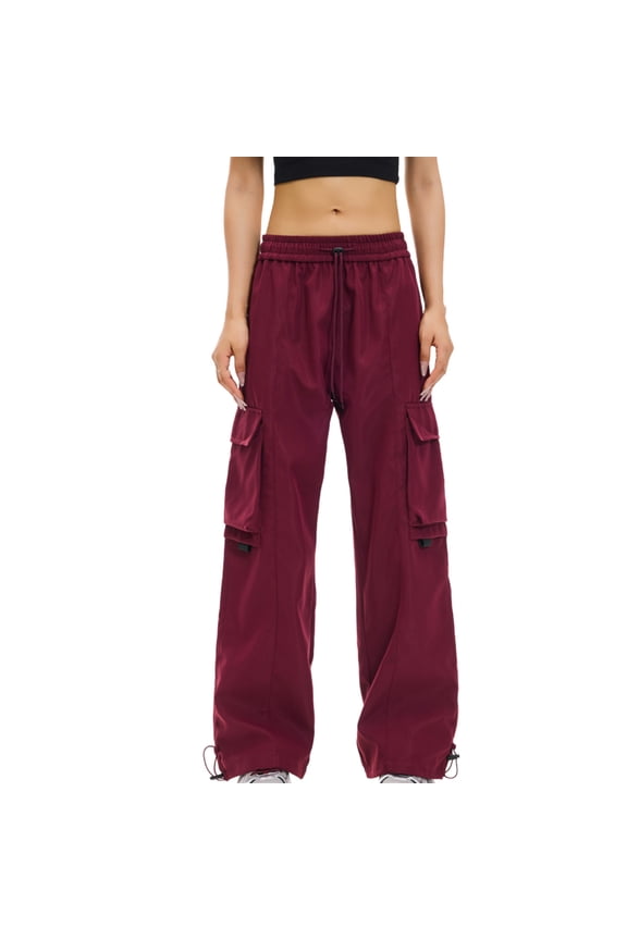 MOJOGO Cargo Pants for Women High Waisted Drawstring Trouser Solid Baggy Full Length Hiking Pants with Multiple Pockets Wine XL