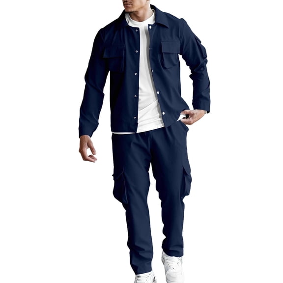MOJOGO Casual 2 Piece Outfits Set for Men Solid Long Sleeve Button Down Shirts Cargo Pants Matching Suits for Sport & Daily Wear Navy XL