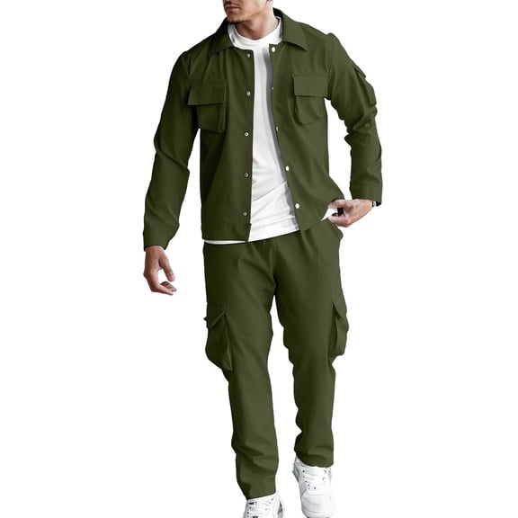 MOJOGO Casual 2 Piece Outfits Set for Men Solid Long Sleeve Button Down Shirts Cargo Pants Matching Suits for Sport & Daily Wear Olive Green S