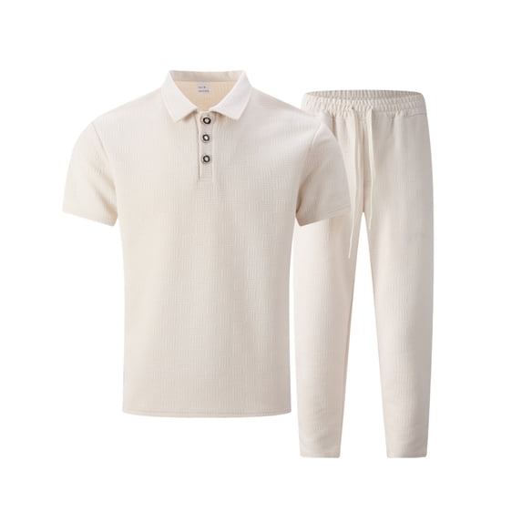 MOJOGO Casual Sportswear Set for Men Solid Collared Quarter Button T-shirts Drawstring Long Pants Spring Summer 2 Piece Outfits Khaki XL