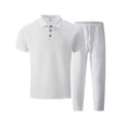 thumbnail image 1 of MOJOGO Casual Sportswear Set for Men Solid Collared Quarter Button T-shirts Drawstring Long Pants Spring Summer 2 Piece Outfits White 2XL, 1 of 9