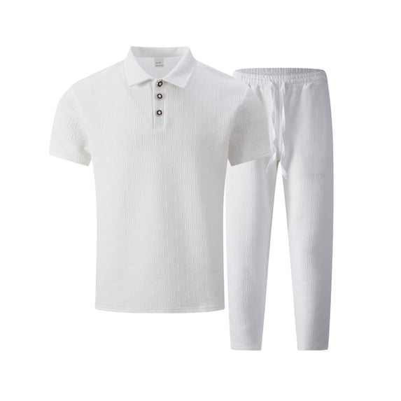 MOJOGO Casual Sportswear Set for Men Solid Collared Quarter Button T-shirts Drawstring Long Pants Spring Summer 2 Piece Outfits White 2XL