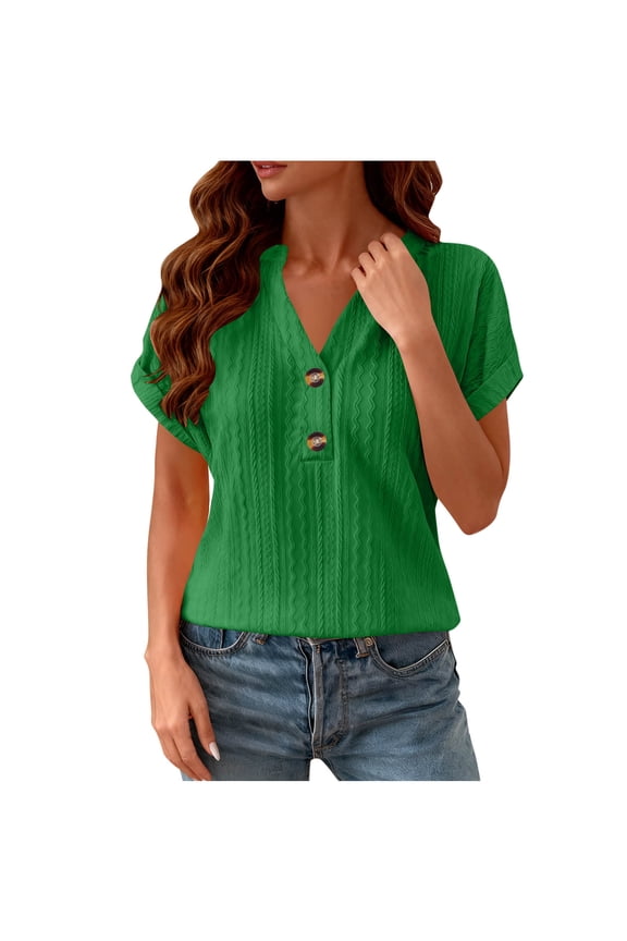 MOJOGO Casual Top for Women Textured Short Sleeve V-Neck Quarter Button Up T-Shirt Trendy Spring Summer Blouses Green M