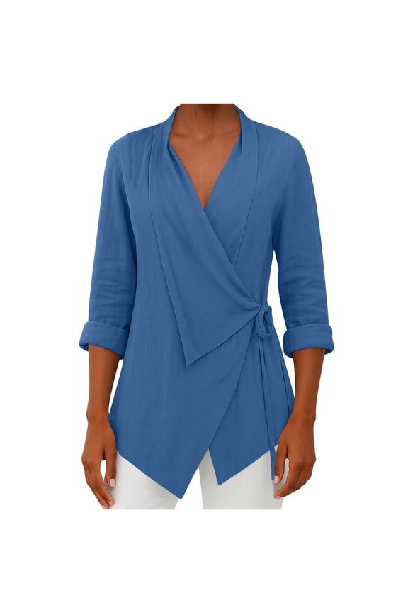 MOJOGO Casual Tops for Women Long Sleeve Top Office Blouse Soft Cotton Linen Tops Wrap Tie Waist Shirts Blue L