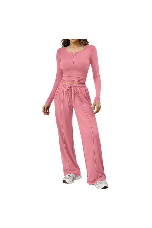 MOJOGO Classic 2 Pieces Outfits Set for Women Casual Long Sleeve Button Up Tops Wide Leg Pants Causal Matching Lounge Set Tracksuit Pink XL