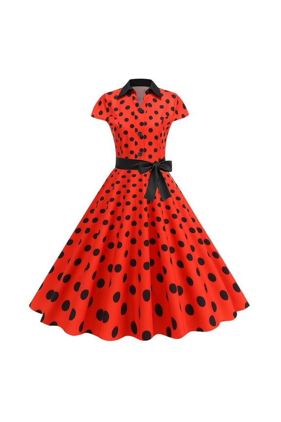 MOJOGO Classic Dresses for Women Vintage Polka Dot Collared Waist-Tie Dress Elegant Short Sleeve Dress for Summer Spring Red 2XL