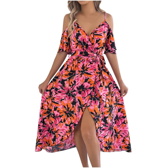 MOJOGO Cold Shoulder Dresses for Women Floral Print Midi Dress Belted Swing Dress with Slit Casual Summer Vacation Dress Black S