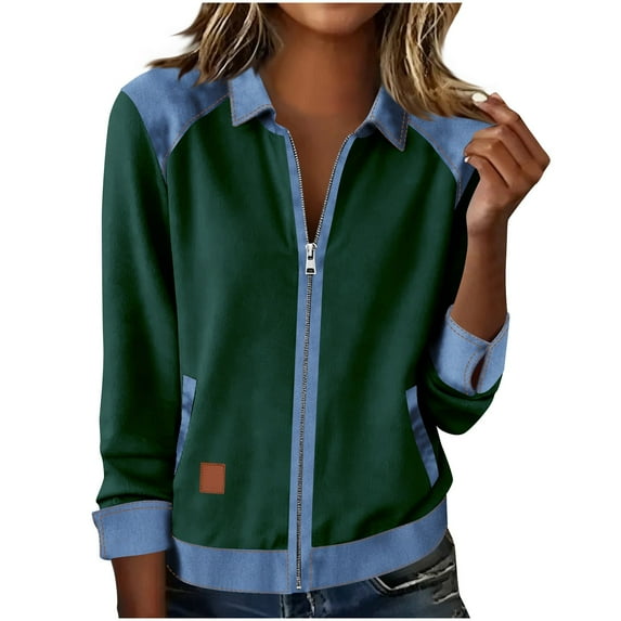 MOJOGO Color Block Sweatshrts for Women Denim Patchwork Zip Up Jacket Cool Collared Jacket for Daily Wear Olive Green XL
