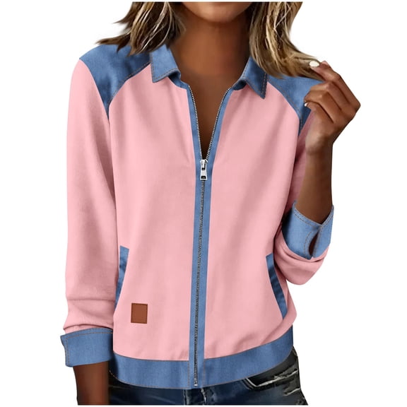 MOJOGO Color Block Sweatshrts for Women Denim Patchwork Zip Up Jacket Cool Collared Jacket for Daily Wear Pink M