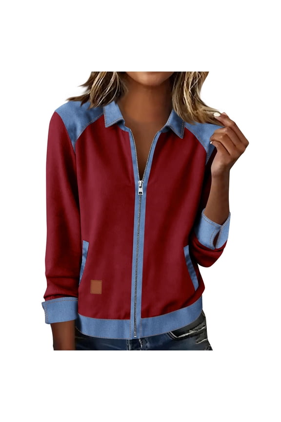MOJOGO Color Block Sweatshrts for Women Denim Patchwork Zip Up Jacket Cool Collared Jacket for Daily Wear Red XL