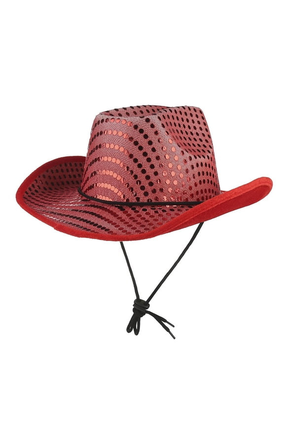 MOJOGO Cowboy Hats for Men Gold Sequin Dots Wide Brim Fedoras Shape Retaining Shinny Hat for Holiday Disco Themed Party Red M