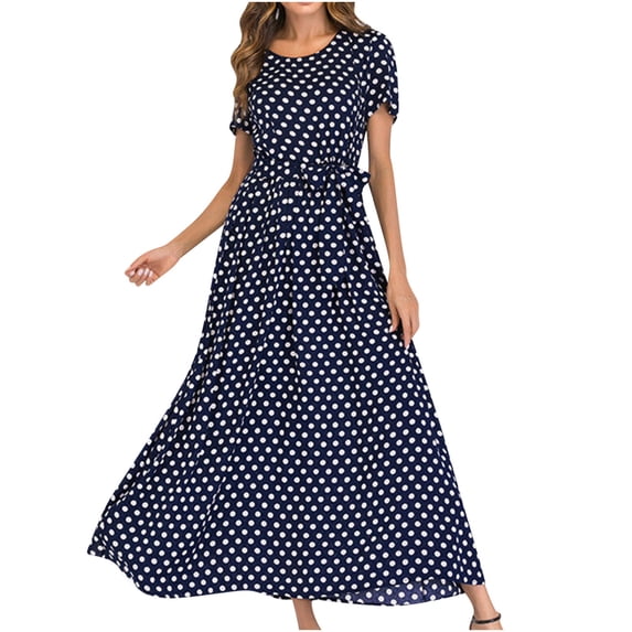 MOJOGO Crew Neck Dresses for Women Elegant Short Sleeve Tunic Swing Dresses Polka Dot Maxi Dress for Summer Spring Resort Navy M