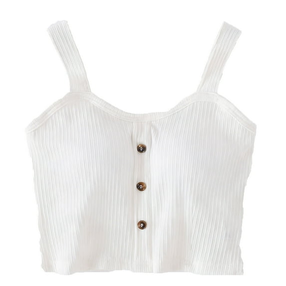MOJOGO Cropped Tank Tops for Women Textured Square Neck Cami Tops Button Wide Strap Sleeveless Tops for Summer Wear White S