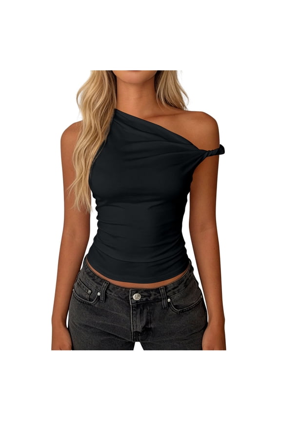 MOJOGO Cropped Tops for Women One Shoulder Sleeveless Top Side Knot Slimming Tees Spring Summer Casual Tops Black XL