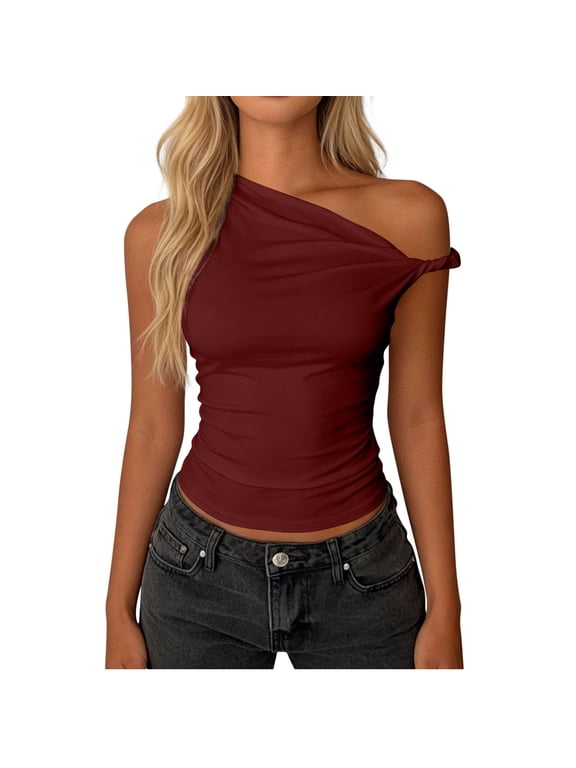 MOJOGO Cropped Tops for Women One Shoulder Sleeveless Top Side Knot Slimming Tees Spring Summer Casual Tops Wine M