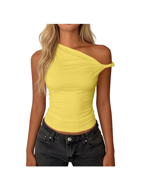 MOJOGO Cropped Tops for Women One Shoulder Sleeveless Top Side Knot Slimming Tees Spring Summer Casual Tops Yellow M