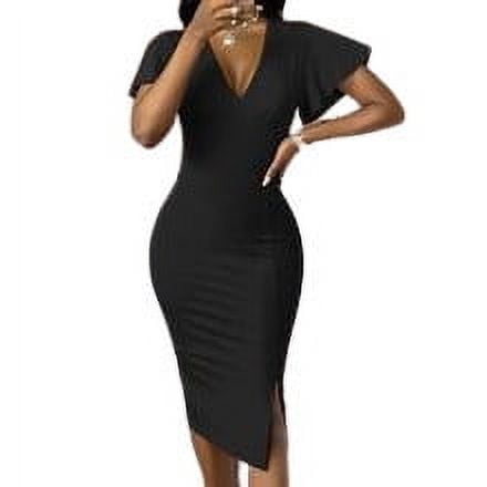 MOJOGO Deep V Neck Dresses for Women Short Bell Sleeve Skirt Split Midi Dress Formal Black Dress Black M