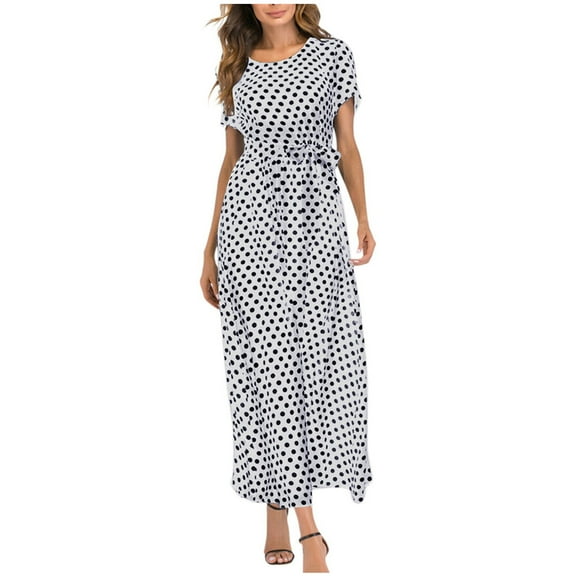 MOJOGO Dresses for Women Short Sleeve Crewneck Flowy Maxi Dress Polka Dot Summer Outfits for Beach Wedding Guest Vacation White S