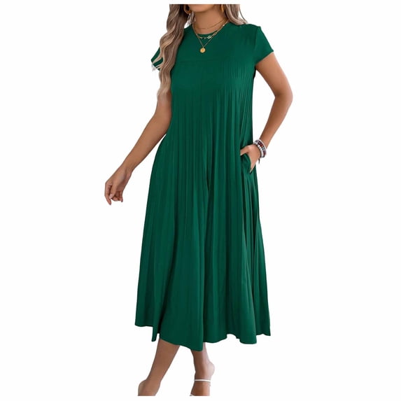 MOJOGO Dresses for Women Short Sleeve Round Neck Midi Dress Summer Pleated Dress with Pockets A Line Casual Dress Green XL