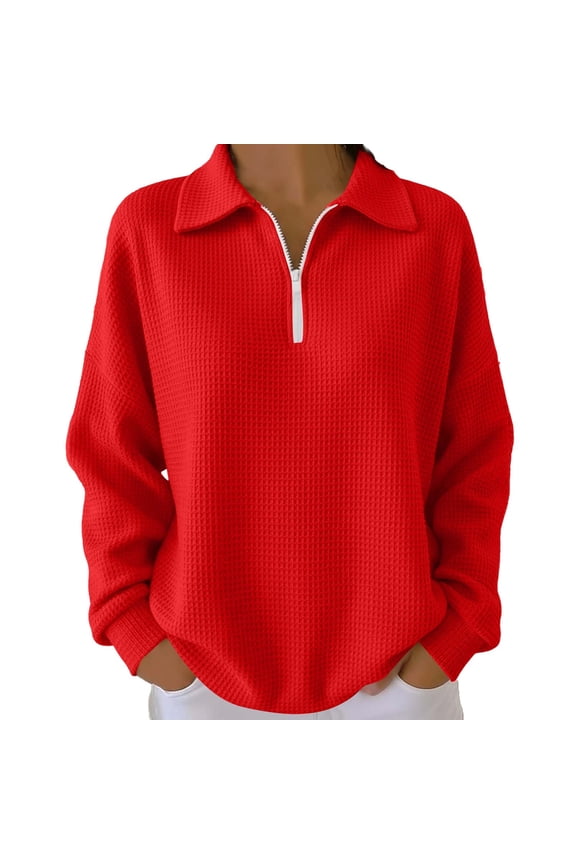 Tops for Women Casual Lapel Quarter Zipper Pullover Top Loose Long Sleeve Sweatshirts Red XL