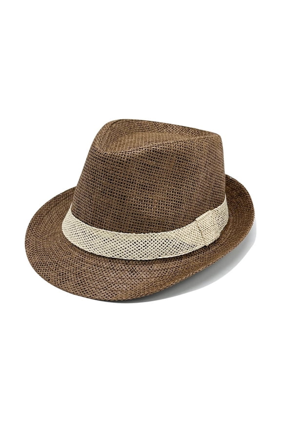 MOJOGO Fedoras for Men Straw Fedora Hat with Short Rolled Brim Summer Vacation Beachwear Panama Sun Hat Coffee M