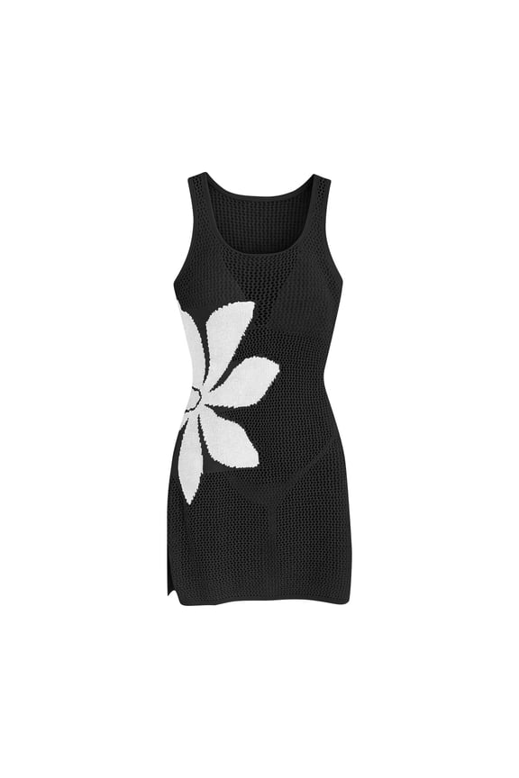 MOJOGO Floral Knitted Cover Up for Women Square Neck Cami Dresses Summer Beach Vacation Sun Protection Dresses Black S