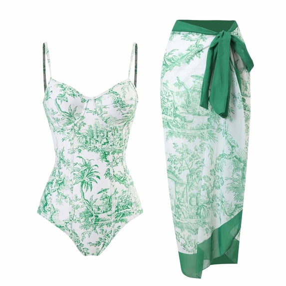 MOJOGO Floral Print Swimwear for Women V Neck One Piece with Cover Up Two Piece Swimsuits for Summer Beach Green M