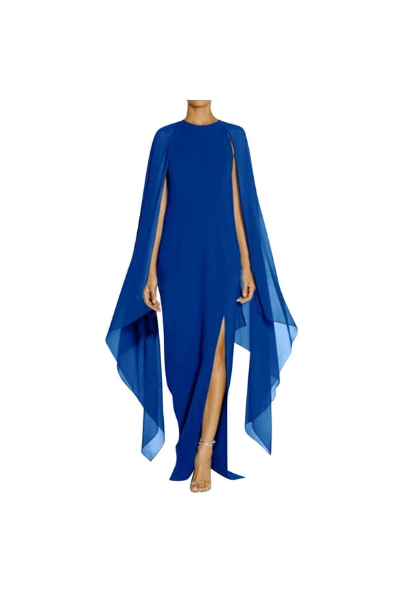 MOJOGO Formal Dresses for Women Cape Style Slit Chiffon Dress Elegant Business Maxi Dress for Evening Gown Wear Blue 3XL