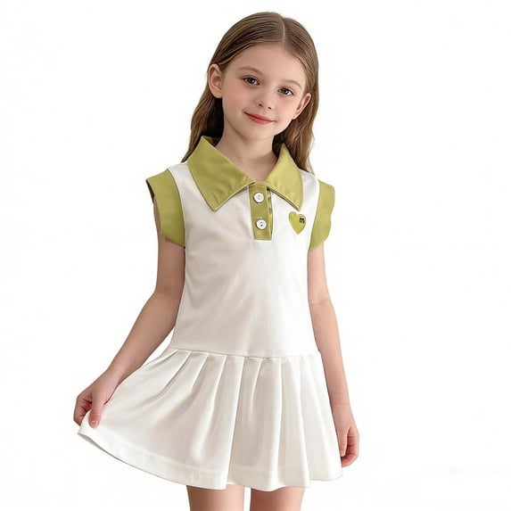 MOJOGO Girls Casual Dress Heart Embroidered Pleated Dresses with Flutter Sleeve School Summer Outfits for Age 3-10 Years Old Beige