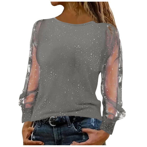 MOJOGO Glitter Mesh Sleeve Tops for Women Casual Crewneck Blouse Fashion Spring Summer Outfits for Daily & Party Wear Gray XL