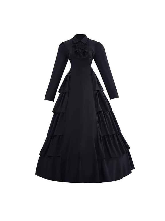 Gothic Maxi Dress for Women Vintage Black Multi Layer Skirt Elegant Ball Gown Dresses Black M