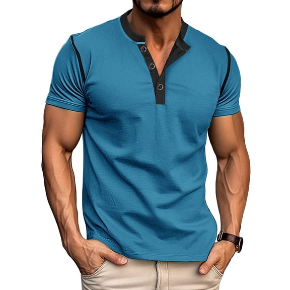 MOJOGO Half Button Shirts for Men Casual Short Sleeve Tops Cotton Breathable Summer Tees for Everyday Wear Blue XL