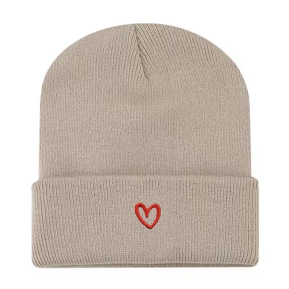 MOJOGO Heart Embroidery Beanie for Adult Cozy Knit Beanie Hats for Outdoor Riding Hiking Khaki Free Size