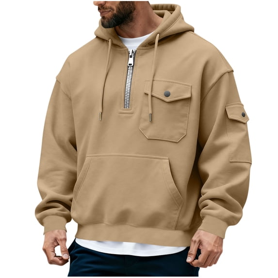 MOJOGO Heavyweight Sweatshirts for Men Casual Quarter-zip Hoodie Loose Pullover Tops Warm Outfits with Pockets Khaki 3XL