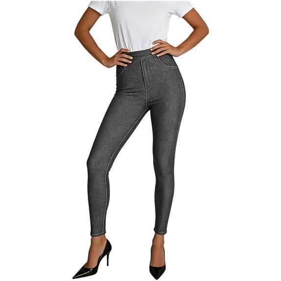 MOJOGO High Waist Pants for Women Denim Style Stretchy Leggings Office Casual Business Pants with Pockets Dark Gray S