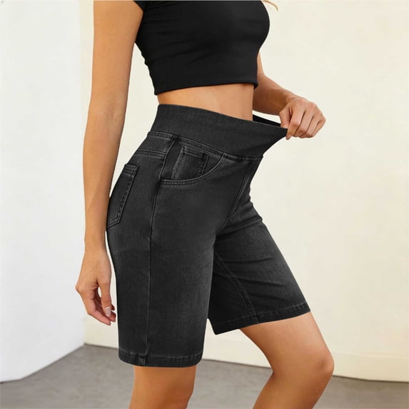 MOJOGO Jean Shorts for Women Slimming Leg Knee Hight Shorts with Elastic Waistband Strentchy Denim Pants with Pockets Black M