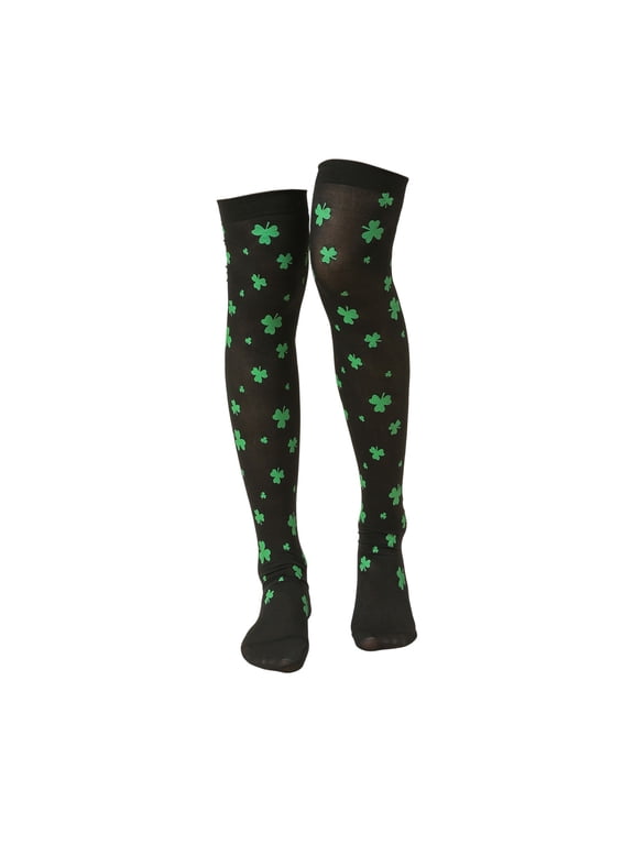 MOJOGO Knee High Socks for Women Striped Trefoil Stockings St. Patrick's Day Party Socks Festival Holiday Wear Black Free Size