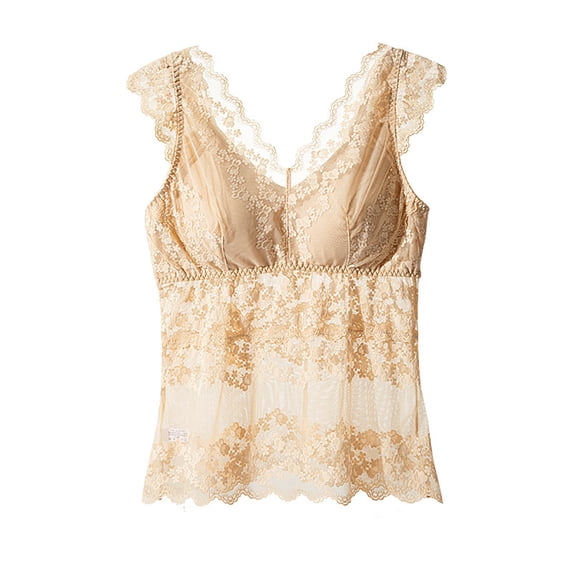 MOJOGO Lace Cross Back Camisoles for Women Detachable Padded Crop Undershirts Summer Layering Camis Beige Free Size